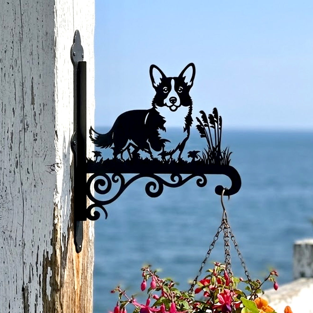 Corgi metal hanging basket bracket mounted on outdoor wall for plant decoration