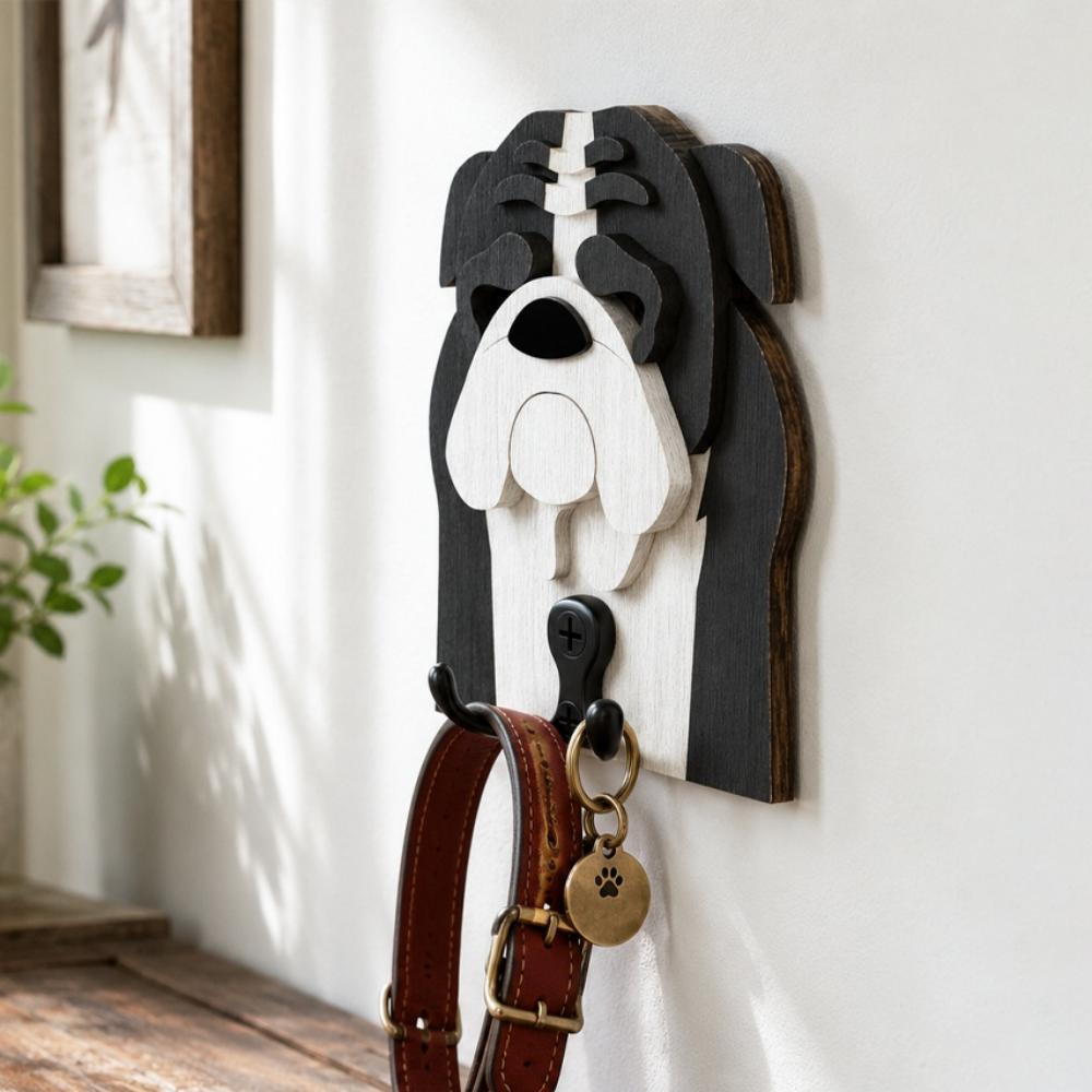 Wooden English Bulldog dog wall hook key and leash holder for home entryway organizer