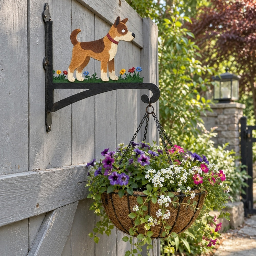 Hanging Basket Bracket – Puppy with Flowers