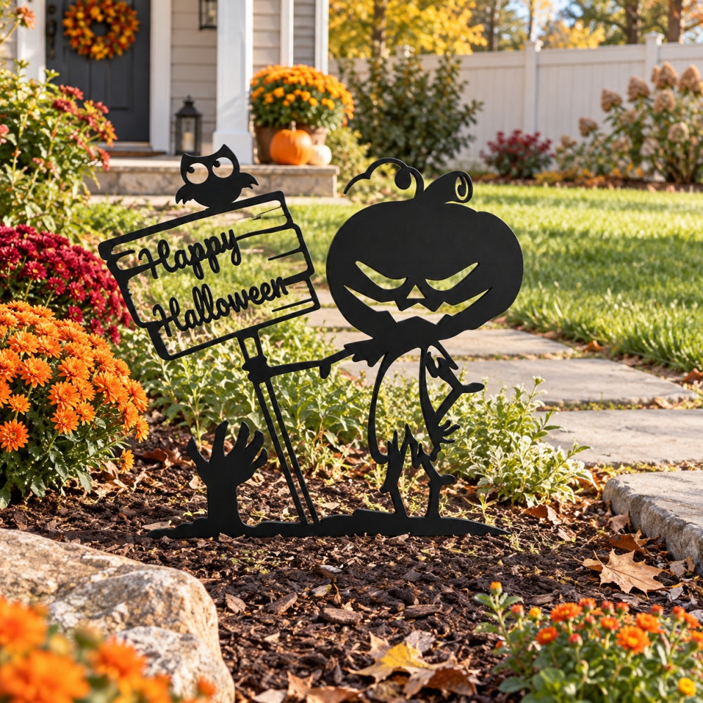 Metal Garden Stake – Happy Halloween Pumpkin