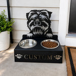 Personalized affenpinscher metal dog bowl stand with custom name cutout and two removable feeding bowls
