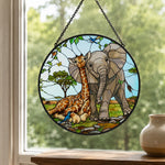 African giraffe and elephant stained glass suncatcher window hanging, suitable for home and garden decoration
