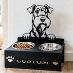 Personalized airedale terrier metal dog bowl stand with custom name cutout and two removable feeding bowls