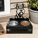 Personalized airedale terrier metal dog bowl stand with custom name cutout and two removable feeding bowls