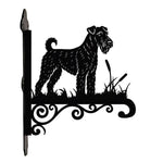 Airedale terrier metal hanging basket bracket mounted on outdoor wall for plant decoration