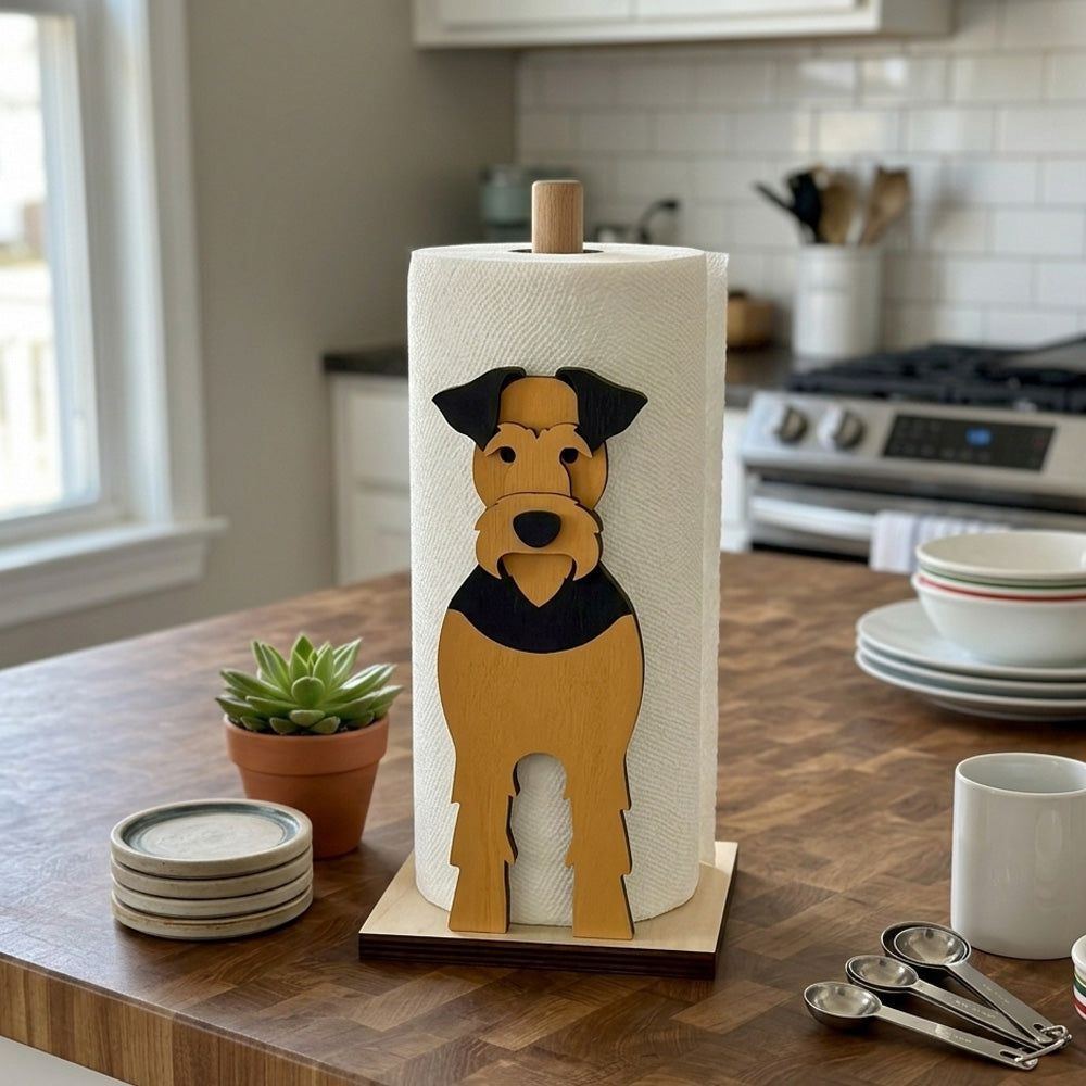 Airedale Terrier Wooden Dog Paper Towel Holder displayed on a kitchen countertop with a freestanding paper towel roll