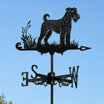 Airedale terrier metal weather vane with directional arrows and mounting rod, outdoor roof and garden decoration