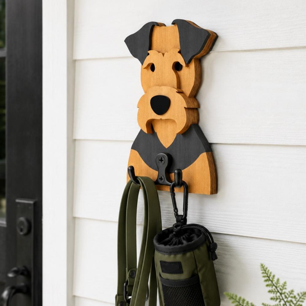 Wooden airedale terrier dog wall hook key and leash holder for home entryway organizer