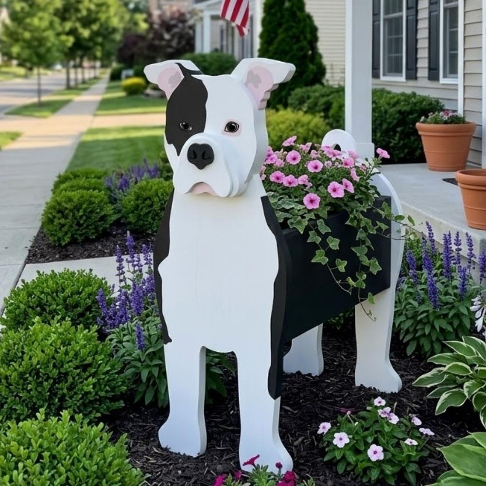 American Bulldog planter filled with fresh flowers is placed in the garden