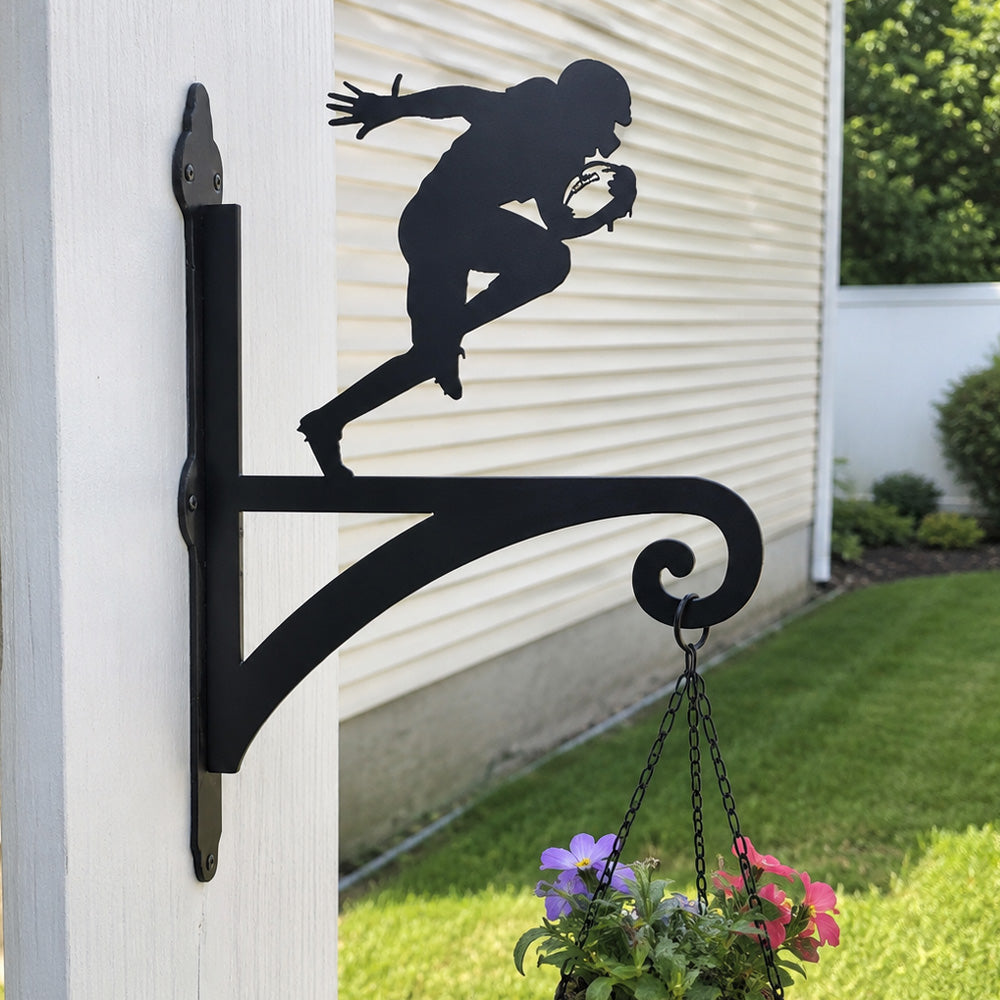 American football player sports metal hanging basket bracket mounted on outdoor wall for plant decoration