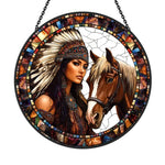 American maiden with spirit horse stained glass suncatcher window hanging, suitable for home and garden decoration