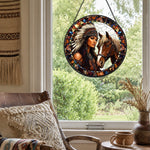 American maiden with spirit horse stained glass suncatcher window hanging, suitable for home and garden decoration