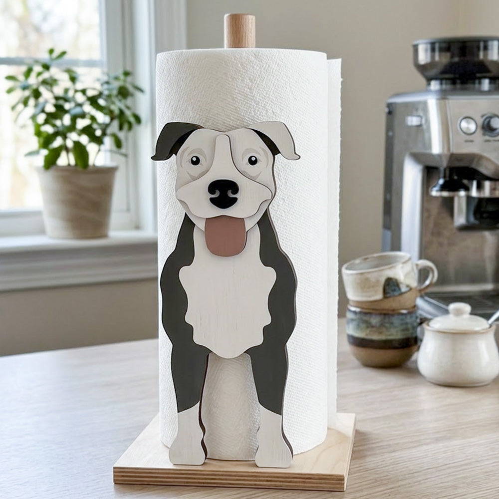 American Pit Bull Terrier Wooden Dog Paper Towel Holder displayed on a kitchen countertop with a freestanding paper towel roll