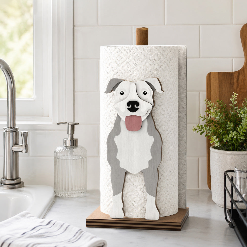 American Pit Bull Terrier Wooden Dog Paper Towel Holder displayed on a kitchen countertop with a freestanding paper towel roll