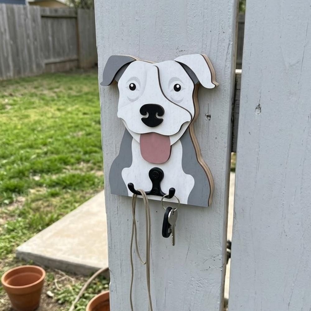 American Pit Bull Terrier wooden dog wall hook key and leash holder for home entryway organizer