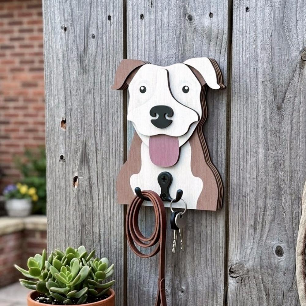 American Pit Bull Terrier wooden dog wall hook key and leash holder for home entryway organizer