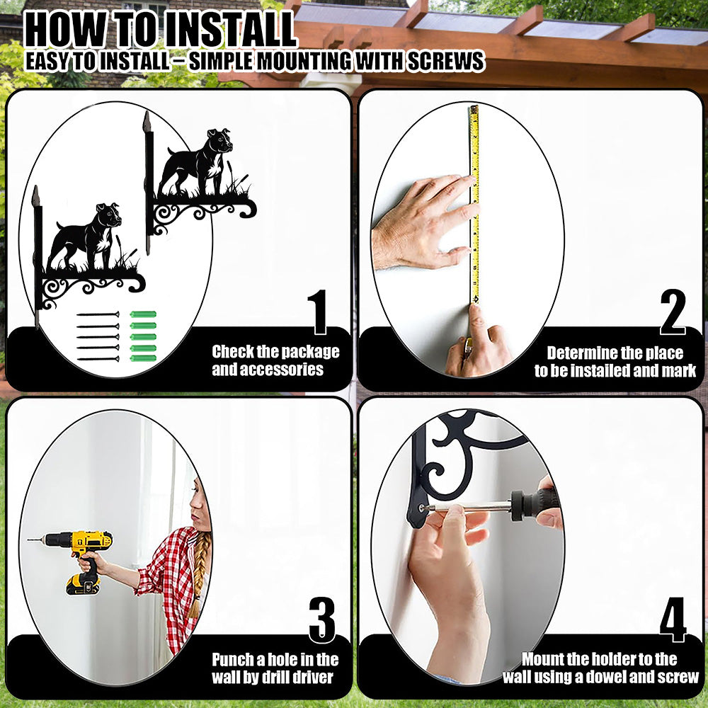 American staffordshire terrier metal hanging basket bracket mounted on outdoor wall for plant decoration
