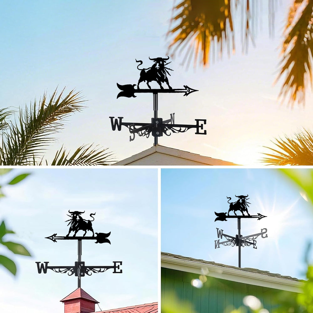 Angry bull metal weather vane with directional arrows and mounting rod, outdoor roof and garden decoration