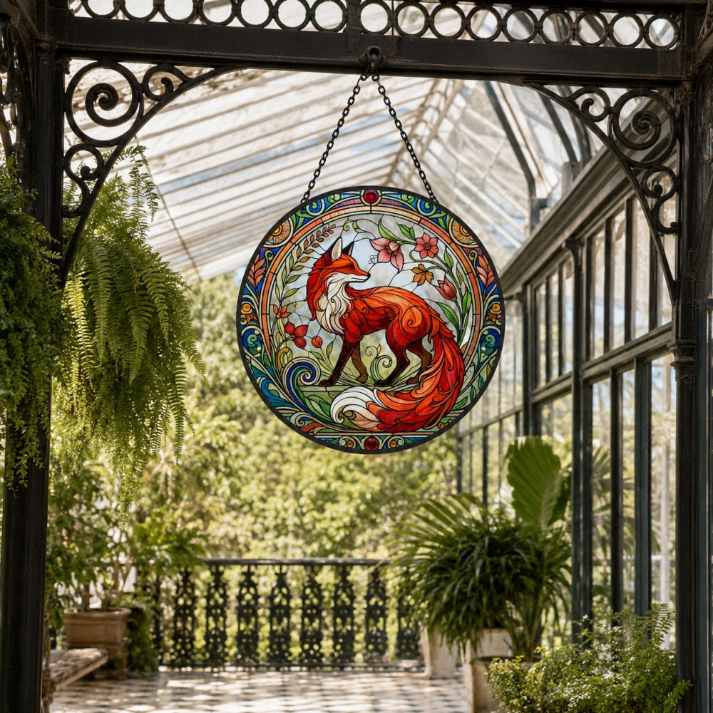 Art nouveau floral fox stained glass suncatcher window hanging, suitable for home and garden decoration