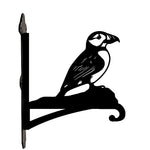 Atlantic puffin bird metal hanging basket bracket mounted on outdoor wall for plant decoration