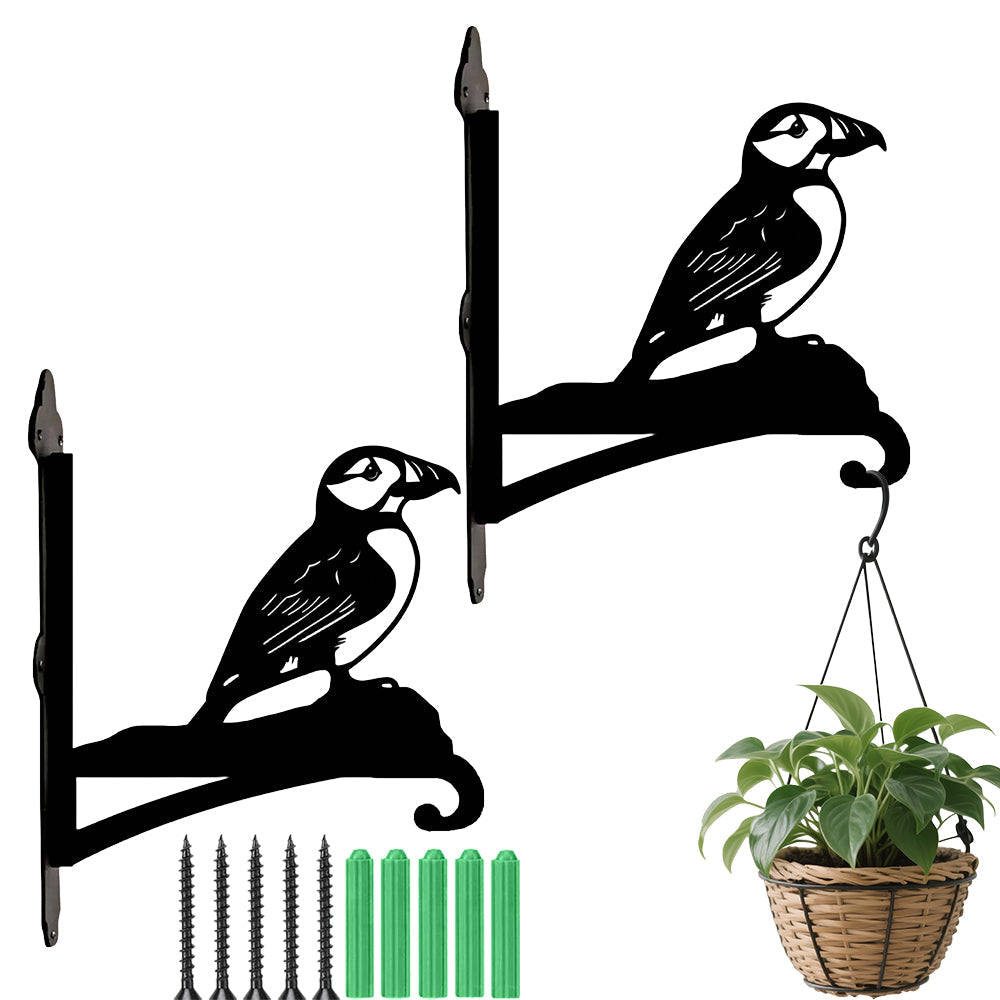 Atlantic puffin bird metal hanging basket bracket mounted on outdoor wall for plant decoration