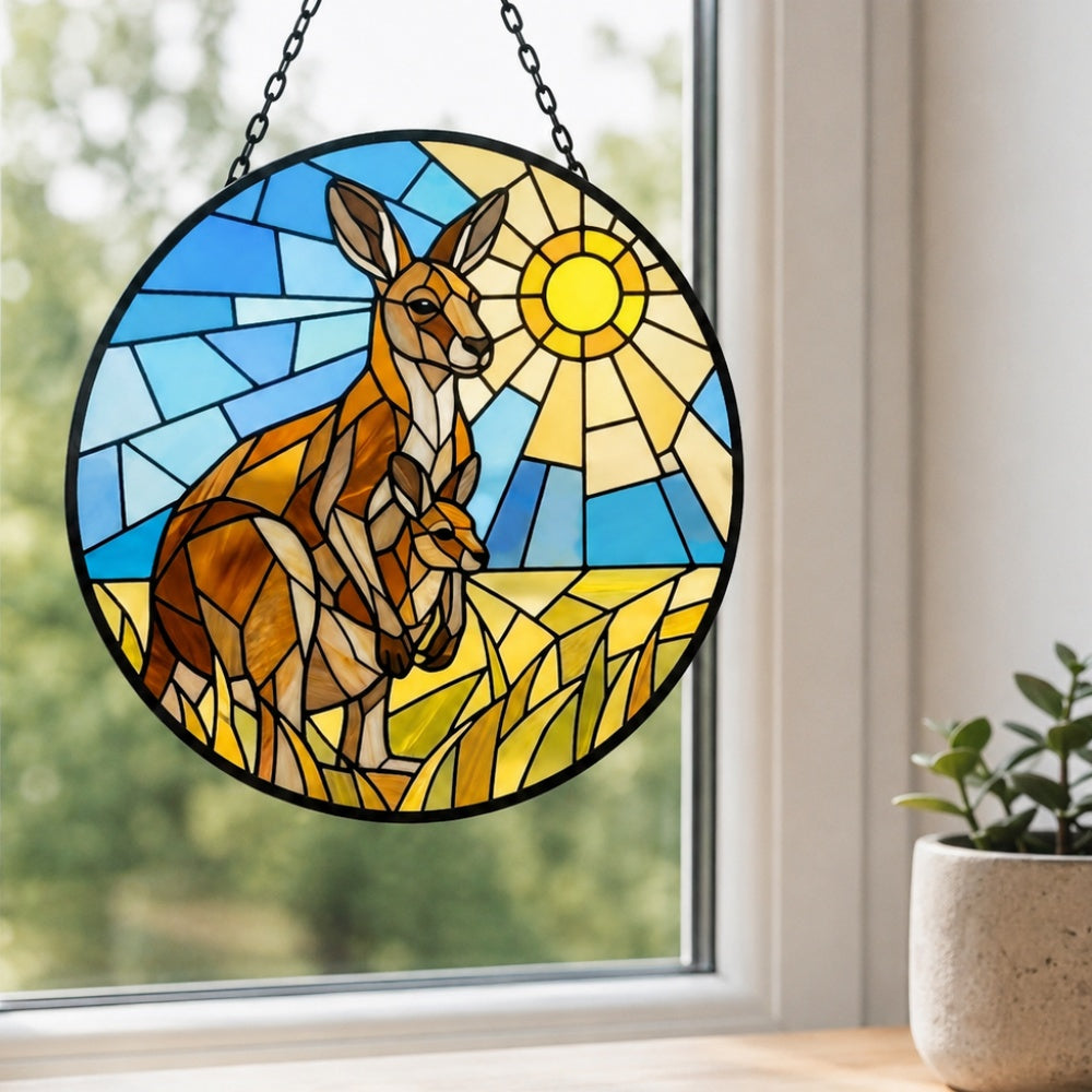 Australian kangaroo family stained glass suncatcher window hanging, suitable for home and garden decoration