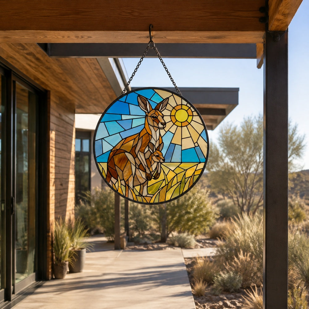 Australian kangaroo family stained glass suncatcher window hanging, suitable for home and garden decoration