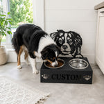 Personalized australian shepherd metal dog bowl stand with custom name cutout and two removable feeding bowls