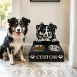 Personalized australian shepherd metal dog bowl stand with custom name cutout and two removable feeding bowls