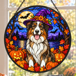 Australian Shepherd Halloween stained glass suncatcher window hanging, suitable for home and garden decoration