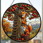 Autumn apple orchard foxes stained glass suncatcher window hanging, suitable for home and garden decoration