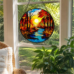 Autumn forest creek sunset stained glass suncatcher window hanging, suitable for home and garden decoration