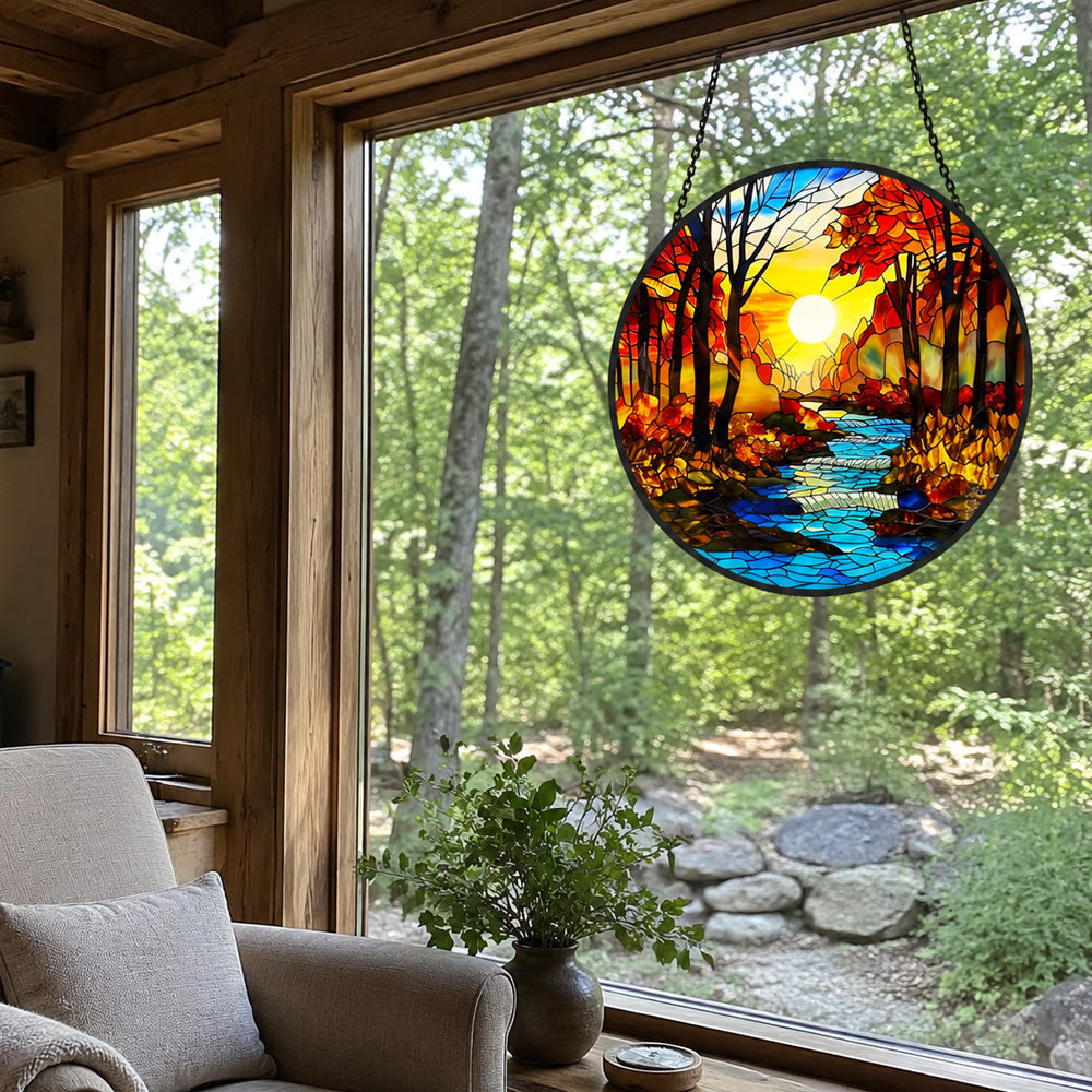 Autumn forest creek sunset stained glass suncatcher window hanging, suitable for home and garden decoration
