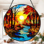 Autumn forest creek sunset stained glass suncatcher window hanging, suitable for home and garden decoration
