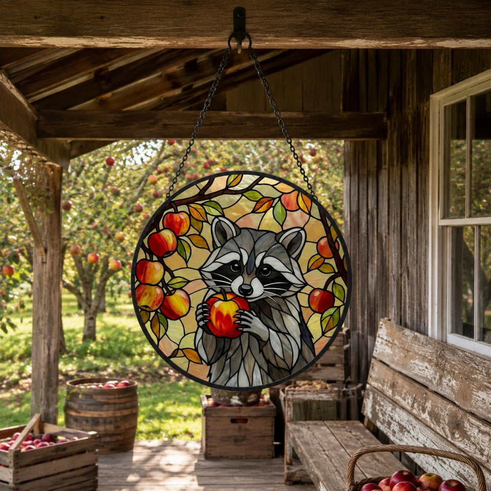 Autumn harvest apple raccoon stained glass suncatcher window hanging, suitable for home and garden decoration