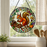 Autumn harvest squirrel stained glass suncatcher window hanging, suitable for home and garden decoration