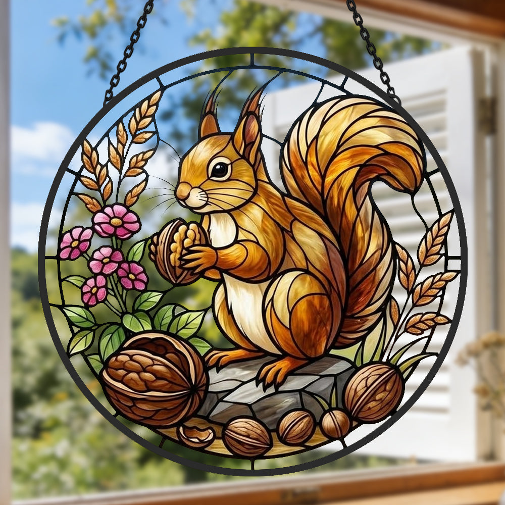 Autumn harvest squirrel stained glass suncatcher window hanging, suitable for home and garden decoration