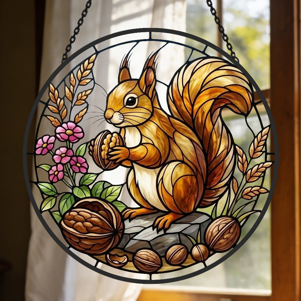 Autumn harvest squirrel stained glass suncatcher window hanging, suitable for home and garden decoration