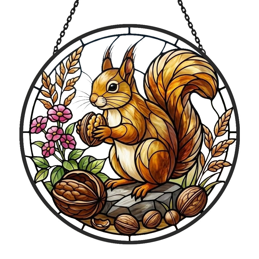 Autumn harvest squirrel stained glass suncatcher window hanging, suitable for home and garden decoration