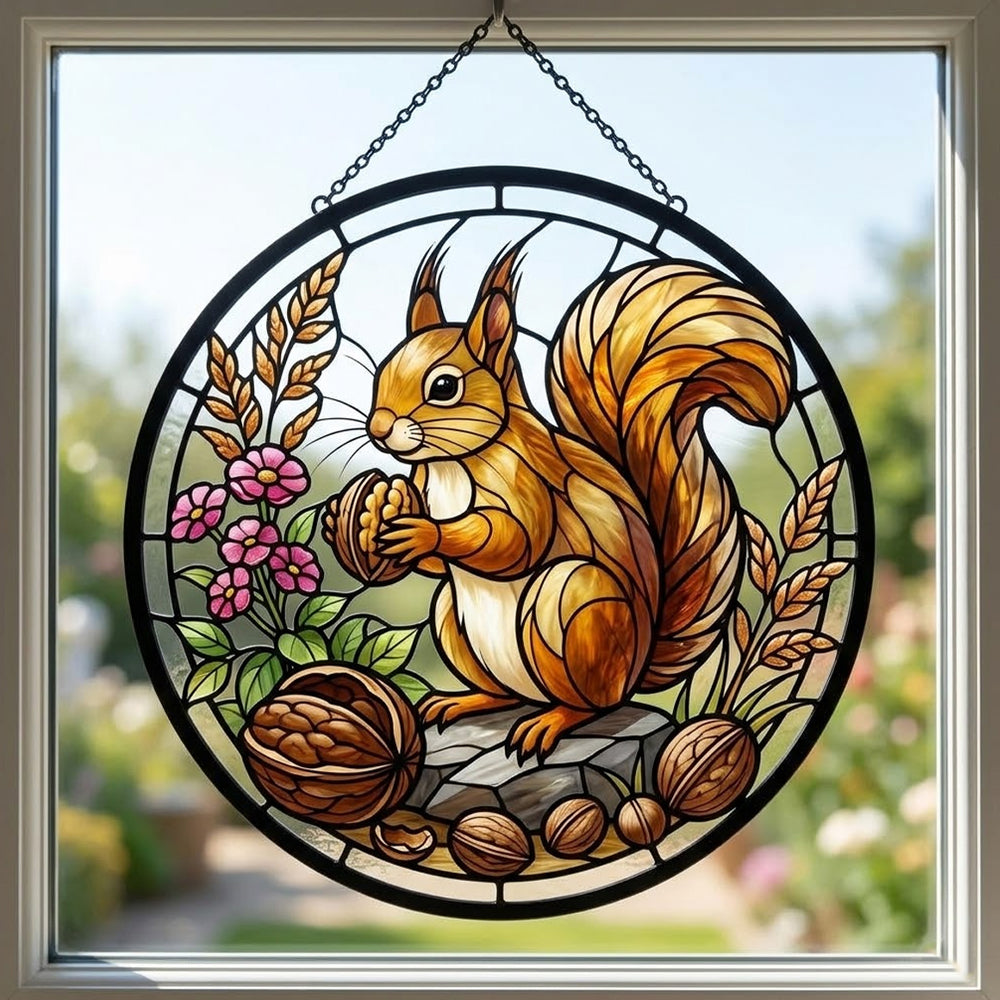 Autumn harvest squirrel stained glass suncatcher window hanging, suitable for home and garden decoration