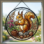 Autumn harvest squirrel stained glass suncatcher window hanging, suitable for home and garden decoration