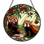 Autumn harvest wooded red panda duo stained glass suncatcher window hanging, suitable for home and garden decoration