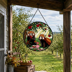 Autumn harvest wooded red panda duo stained glass suncatcher window hanging, suitable for home and garden decoration