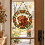 Autumn highland cattle stained glass suncatcher window hanging, suitable for home and garden decoration