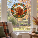 Autumn highland cattle stained glass suncatcher window hanging, suitable for home and garden decoration