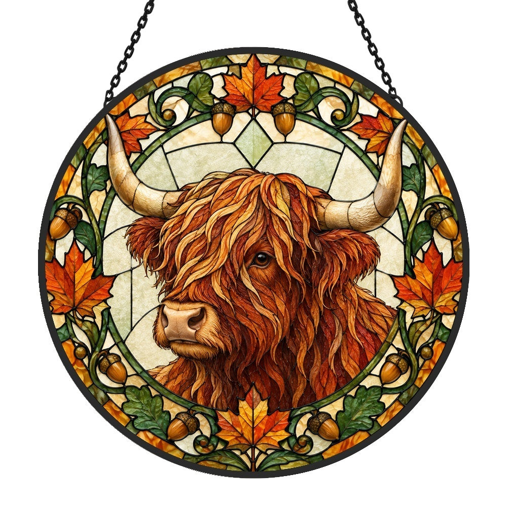 Autumn highland cattle stained glass suncatcher window hanging, suitable for home and garden decoration