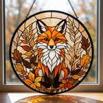 Autumn leaves red fox stained glass suncatcher window hanging, suitable for home and garden decoration