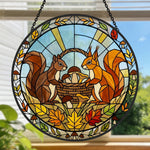 Autumn maple leaves squirrel stained glass suncatcher window hanging, suitable for home and garden decoration