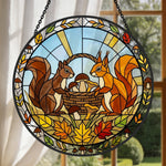 Autumn maple leaves squirrel stained glass suncatcher window hanging, suitable for home and garden decoration