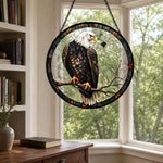 Bald eagle perched stained glass suncatcher window hanging, suitable for home and garden decoration